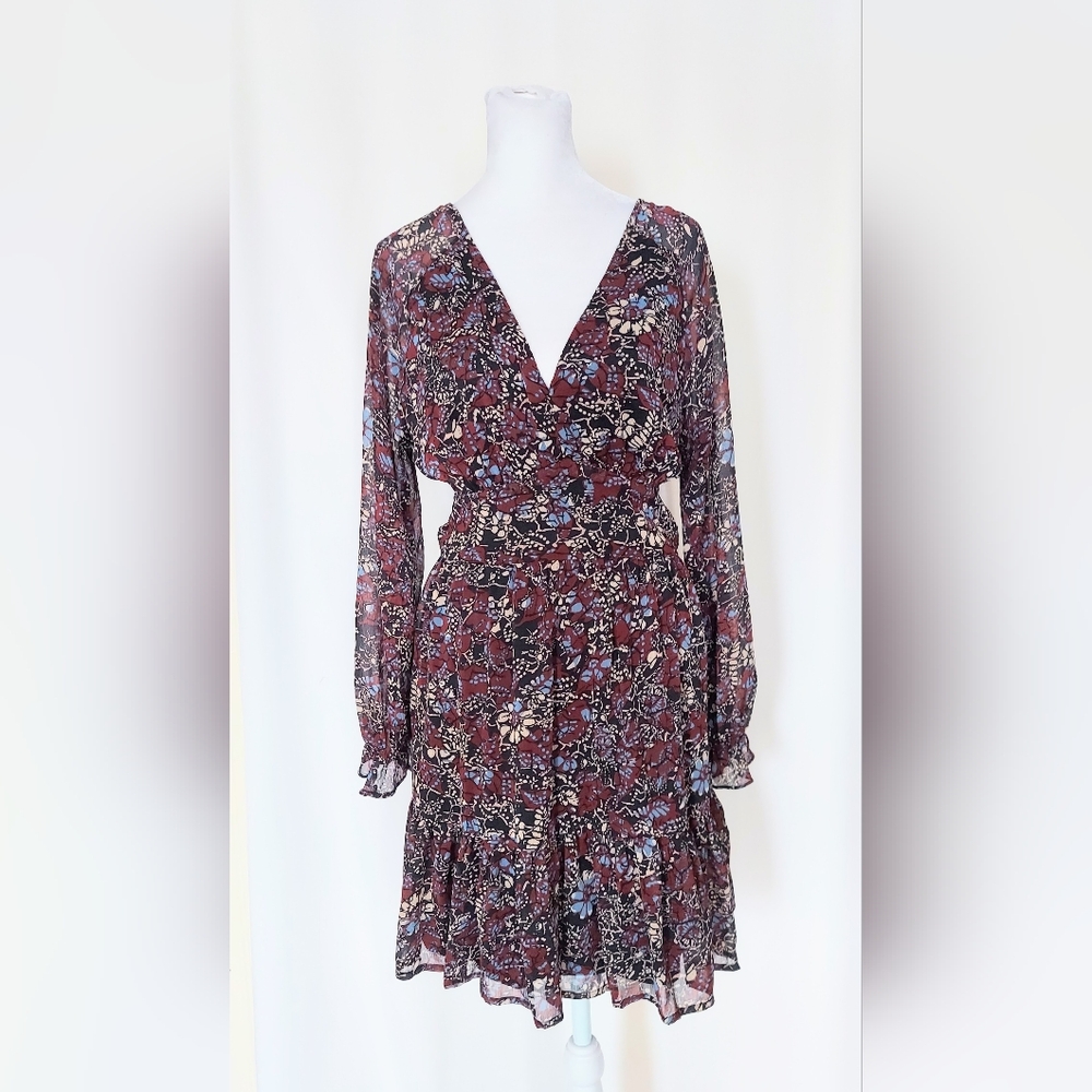 Black Tape V Neck Long Sleeve Fit & Flare Dress Floral Womens XS